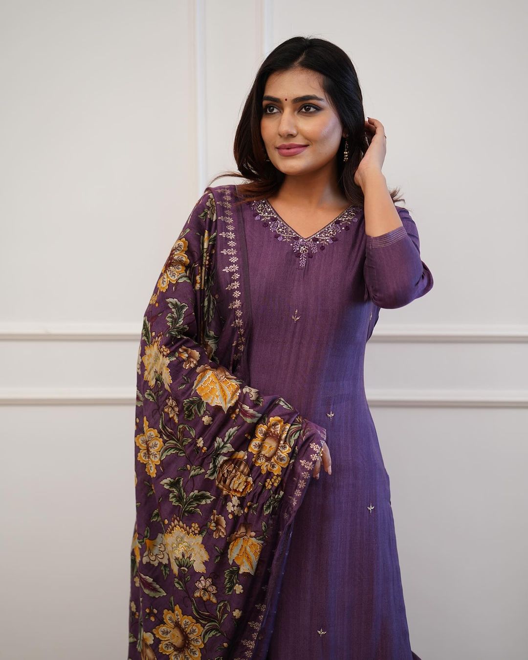 Purple Rayon Kurta Set with Muslin Dupatta