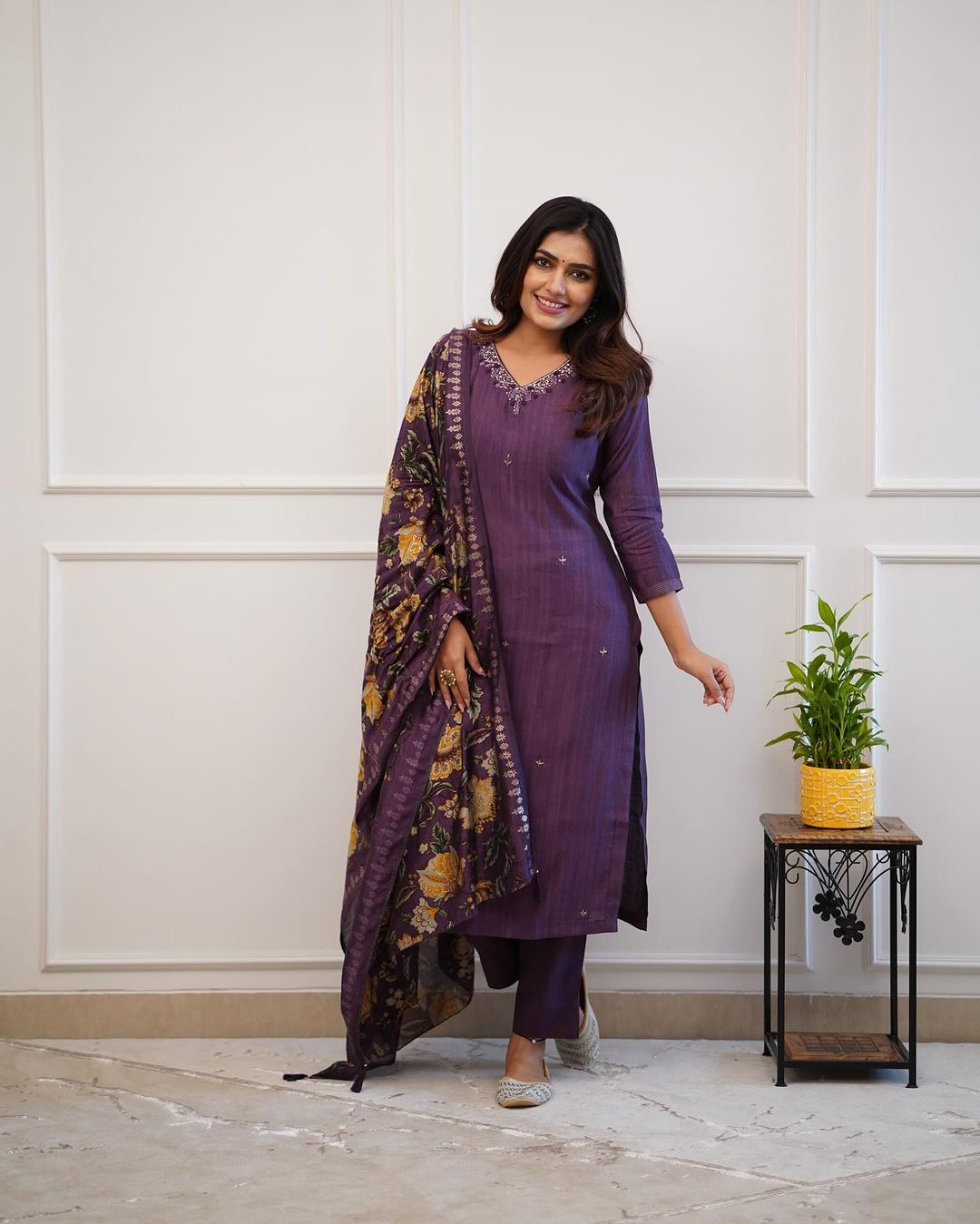 Purple Rayon Kurta Set with Muslin Dupatta