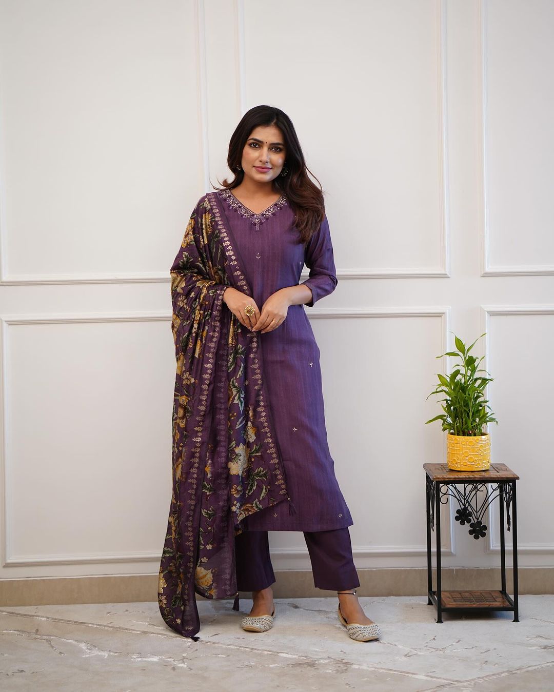 Purple Rayon Kurta Set with Muslin Dupatta