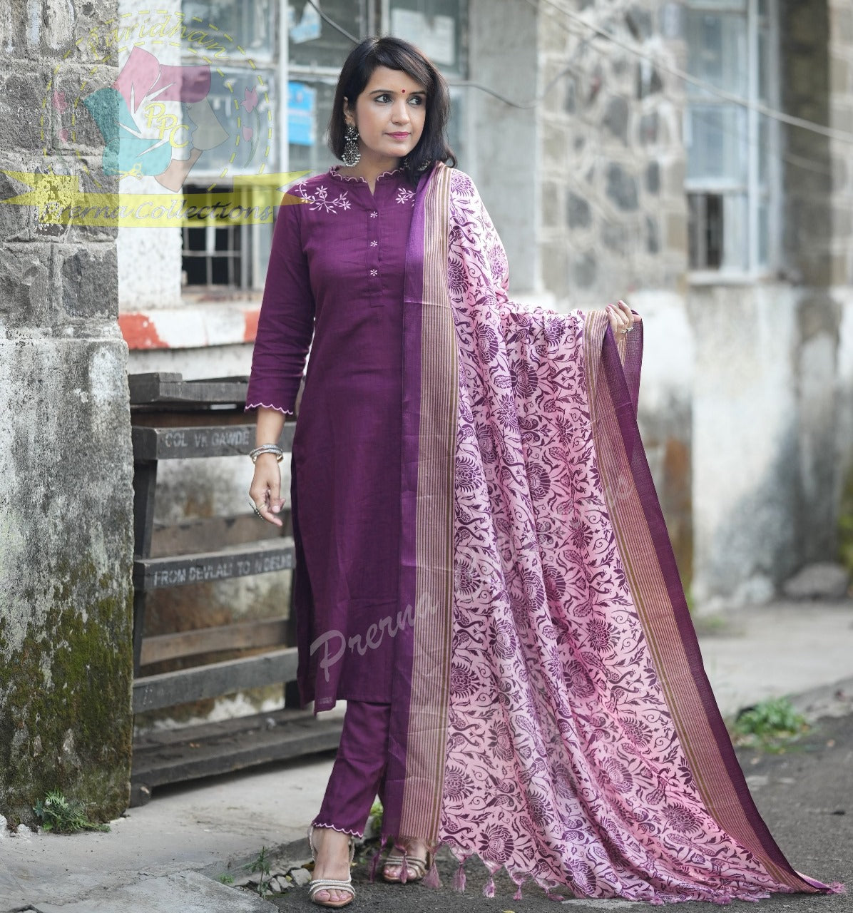 Premium Khadi Magenta Kurta Set with Dupatta & Pant