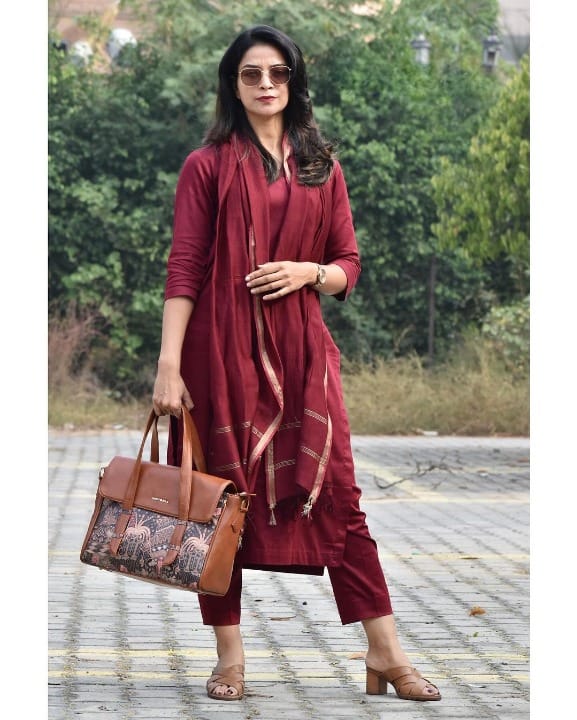 Premium South Cotton Brown Kurta Set with Dupatta & Pant