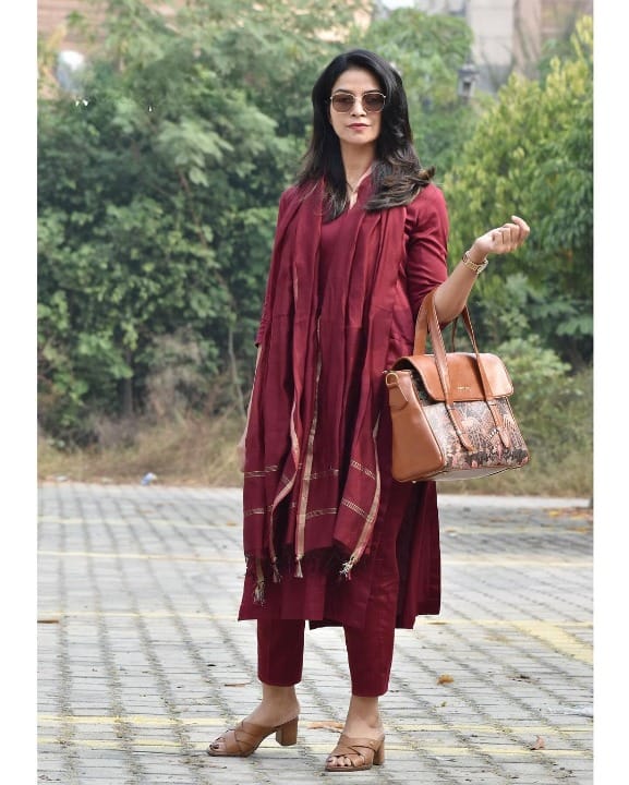 Premium South Cotton Brown Kurta Set with Dupatta & Pant