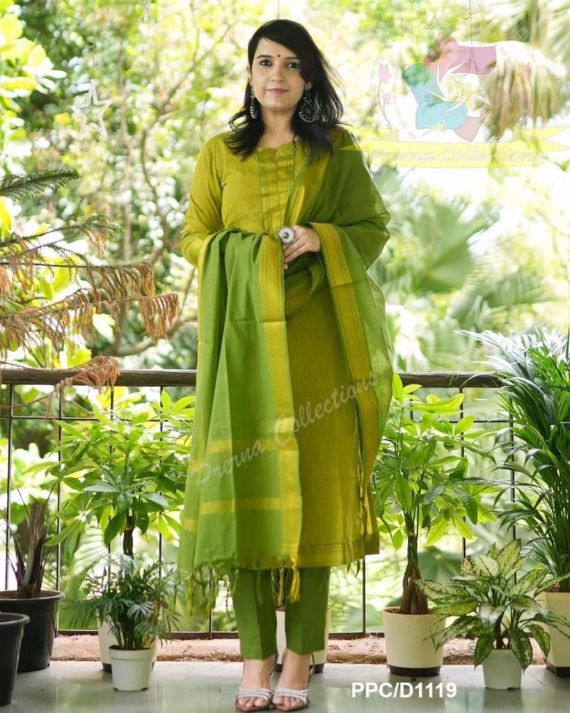 Premium South Handloom Cotton Green Kurta Set with Dupatta & Pant