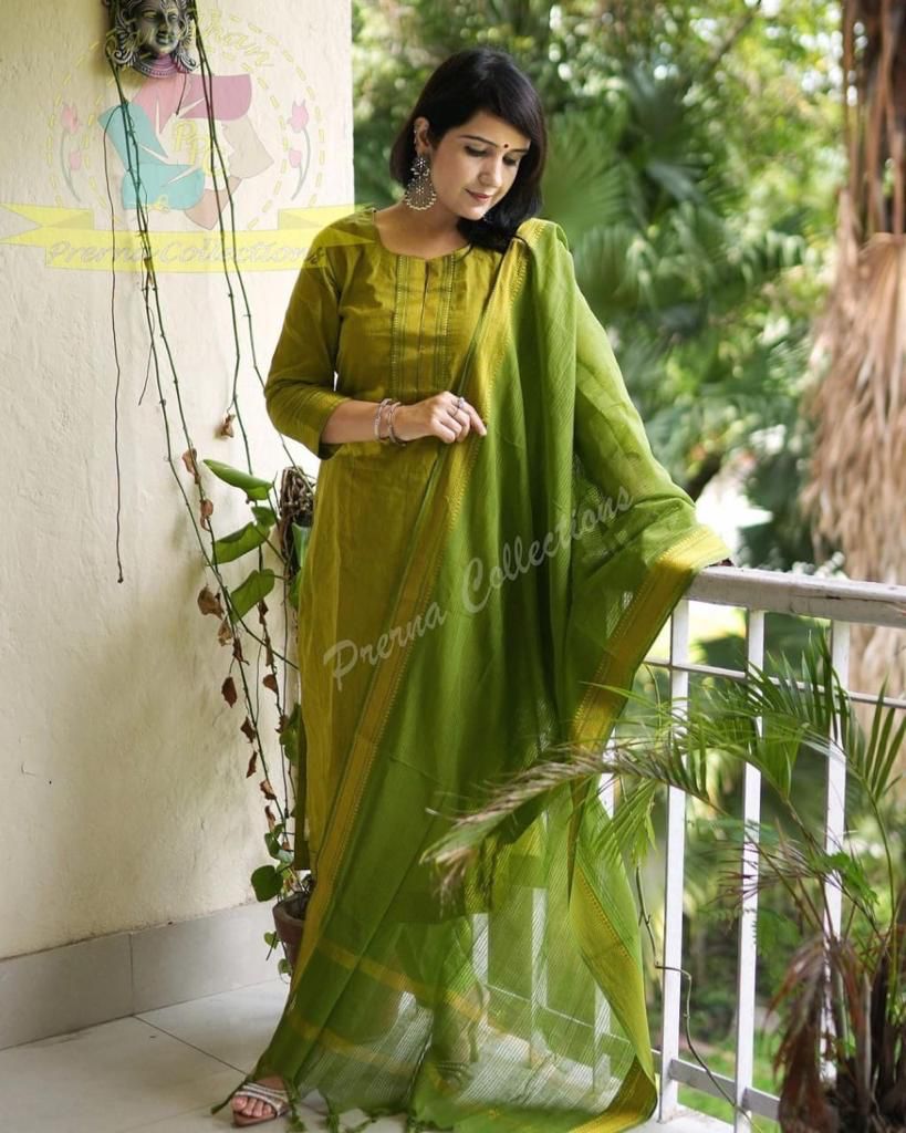 Premium South Handloom Cotton Green Kurta Set with Dupatta & Pant