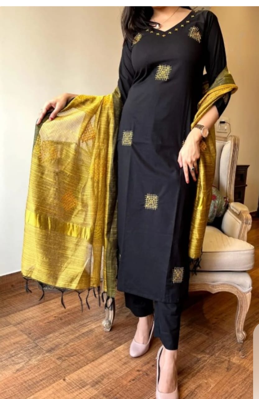 Black Bhagalpuri Silk Kurta Set with Pant and Dupatta