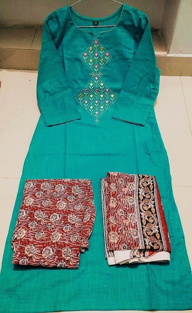 Premium Chitrkari South Cotton Green Kurta Pant and Dupatta Set