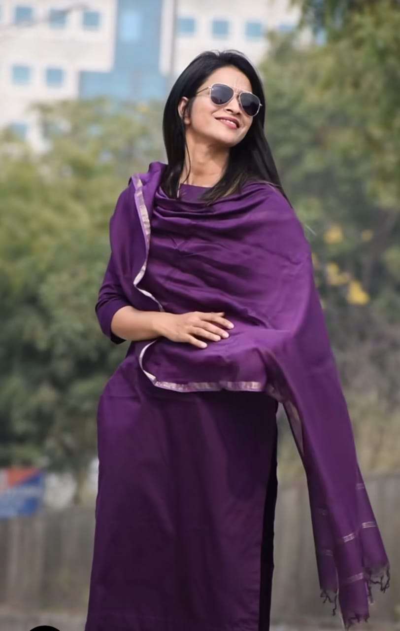 Trending Cotton Purple Kurta Pant and Dupatta Set - Perfect Ethnic Attire