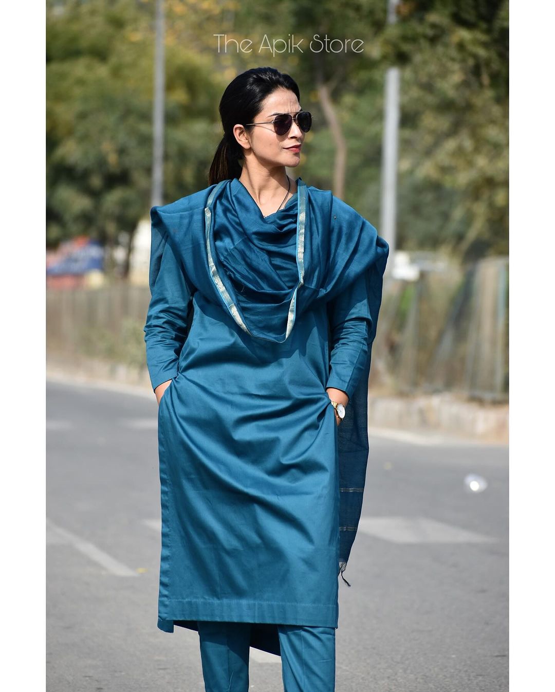 Premium Kota Doriya Cotton Blue Kurta Pant and Dupatta Set - Stylish Ethnic Wear