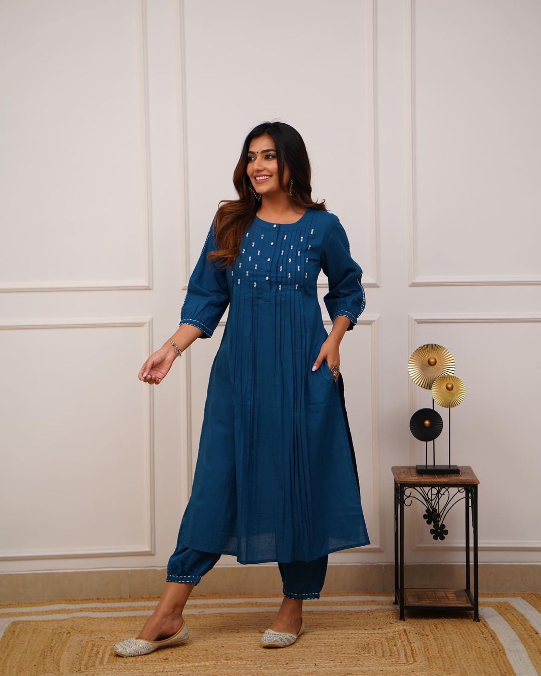 Trending Teal Blue Cotton Kurta Pant Set - Stylish and Comfortable Wear