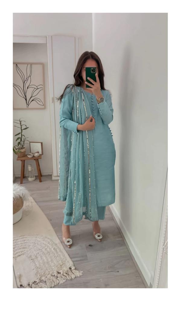 Trending Rayon Blue Kurthi Set with Pant and Dupatta