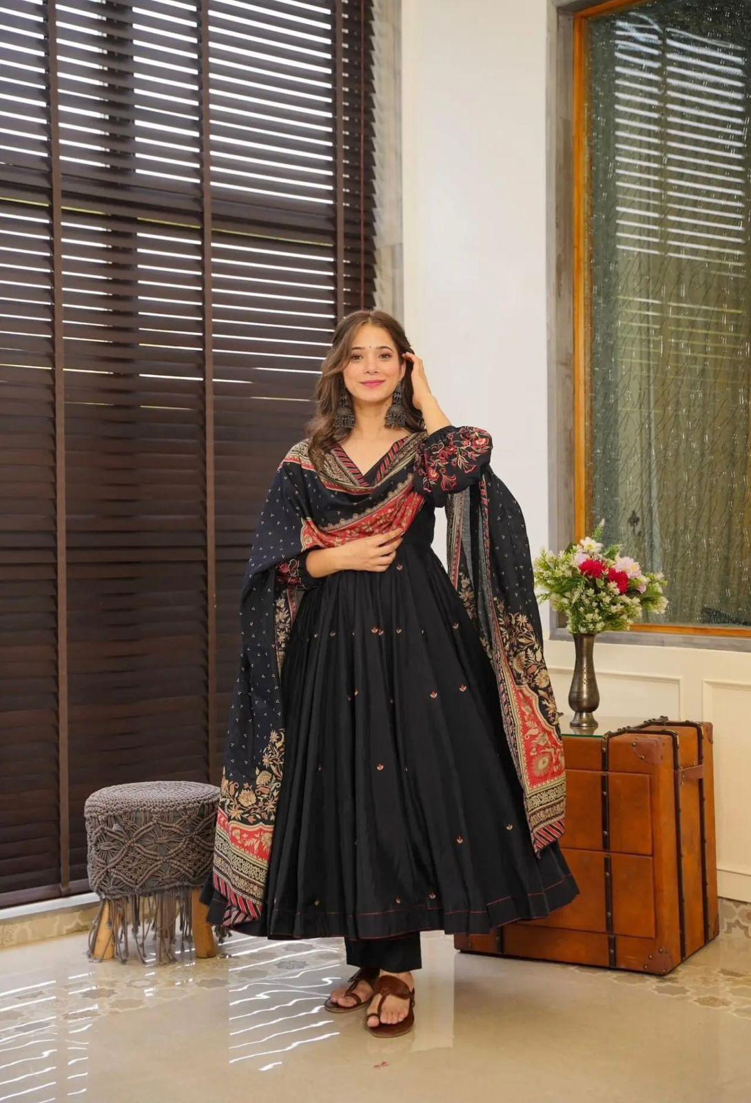 TrendBuy Elegant Black Embroidery Work Anarkali Gown