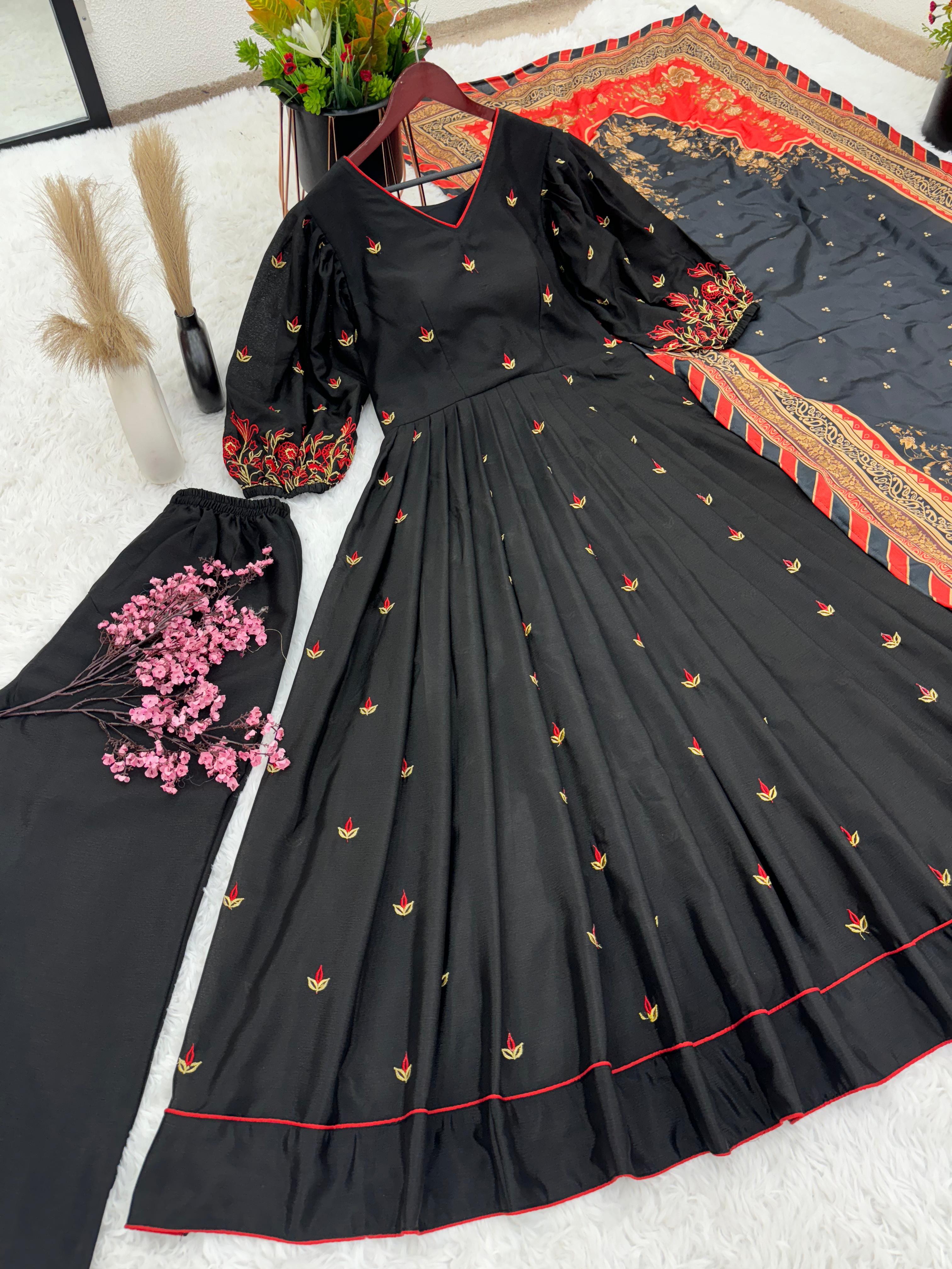 TrendBuy Elegant Black Embroidery Work Anarkali Gown