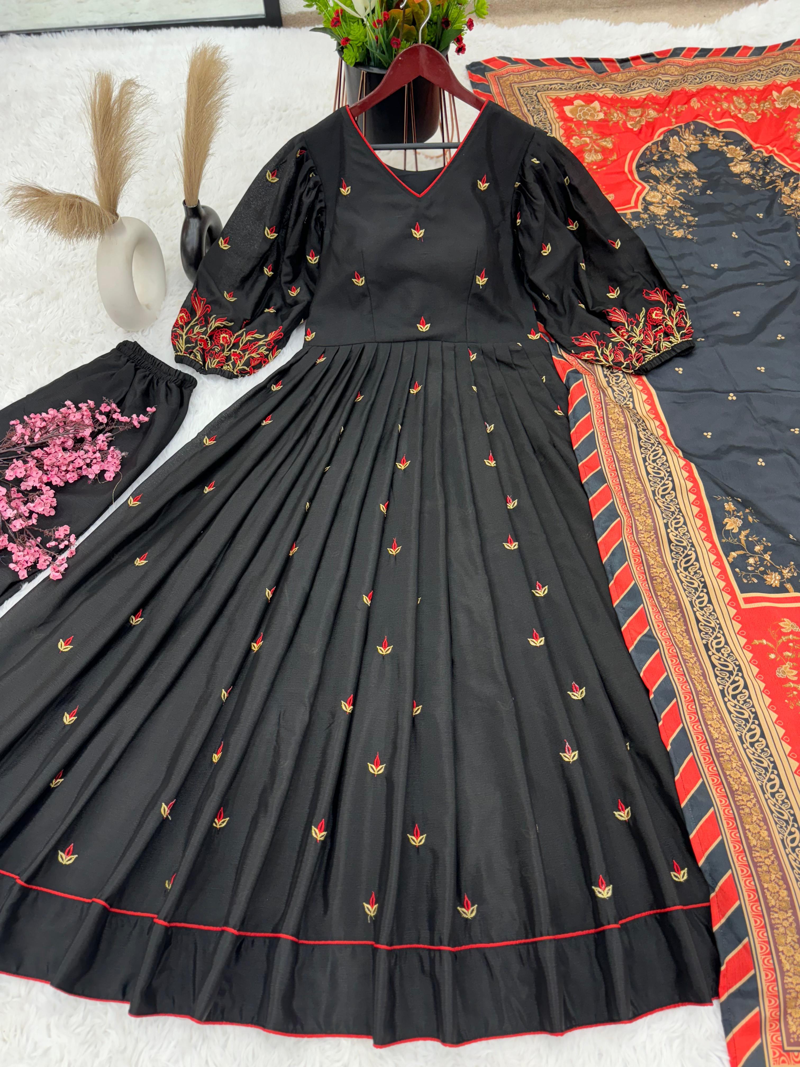 TrendBuy Elegant Black Embroidery Work Anarkali Gown