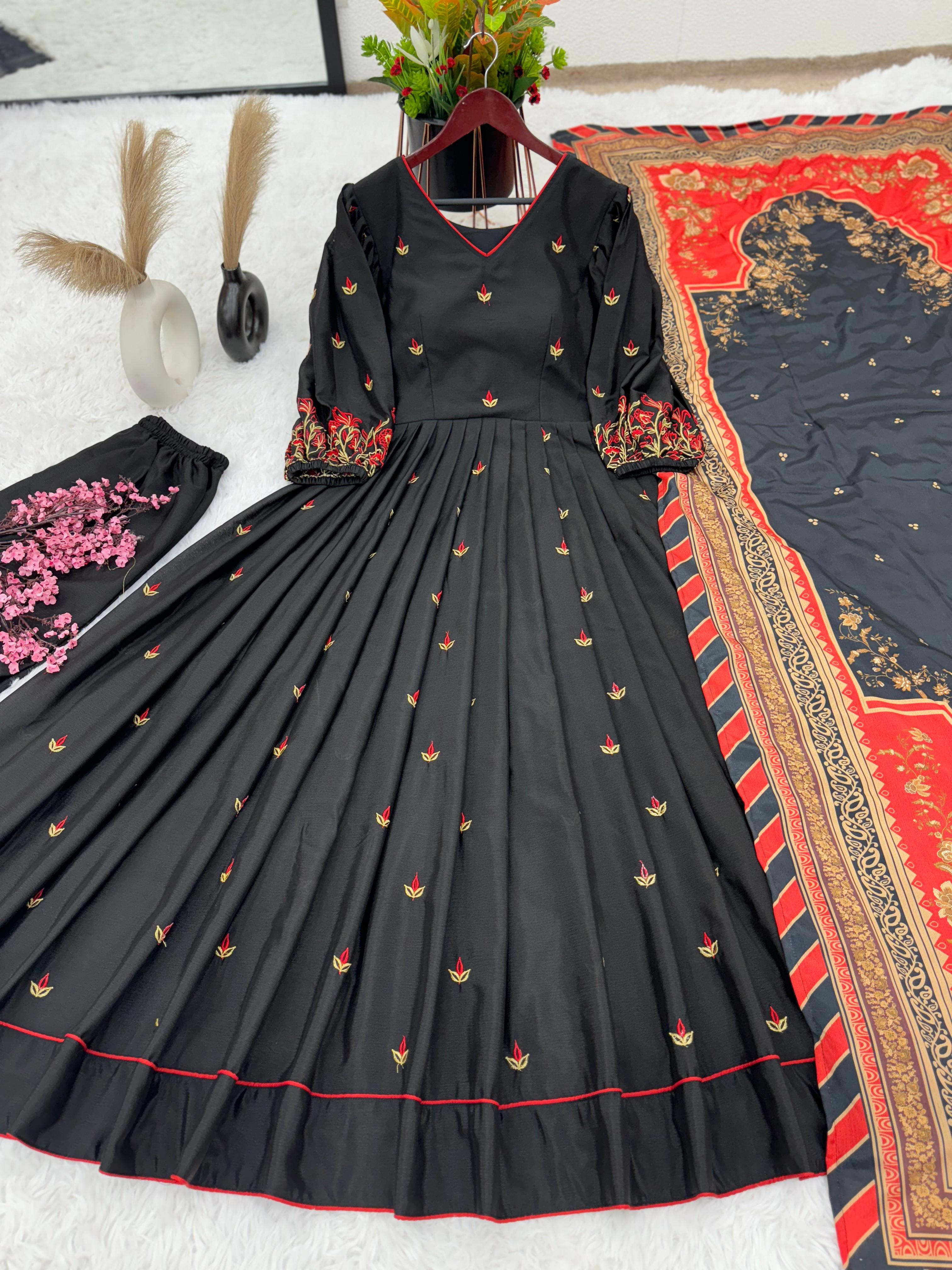 TrendBuy Elegant Black Embroidery Work Anarkali Gown