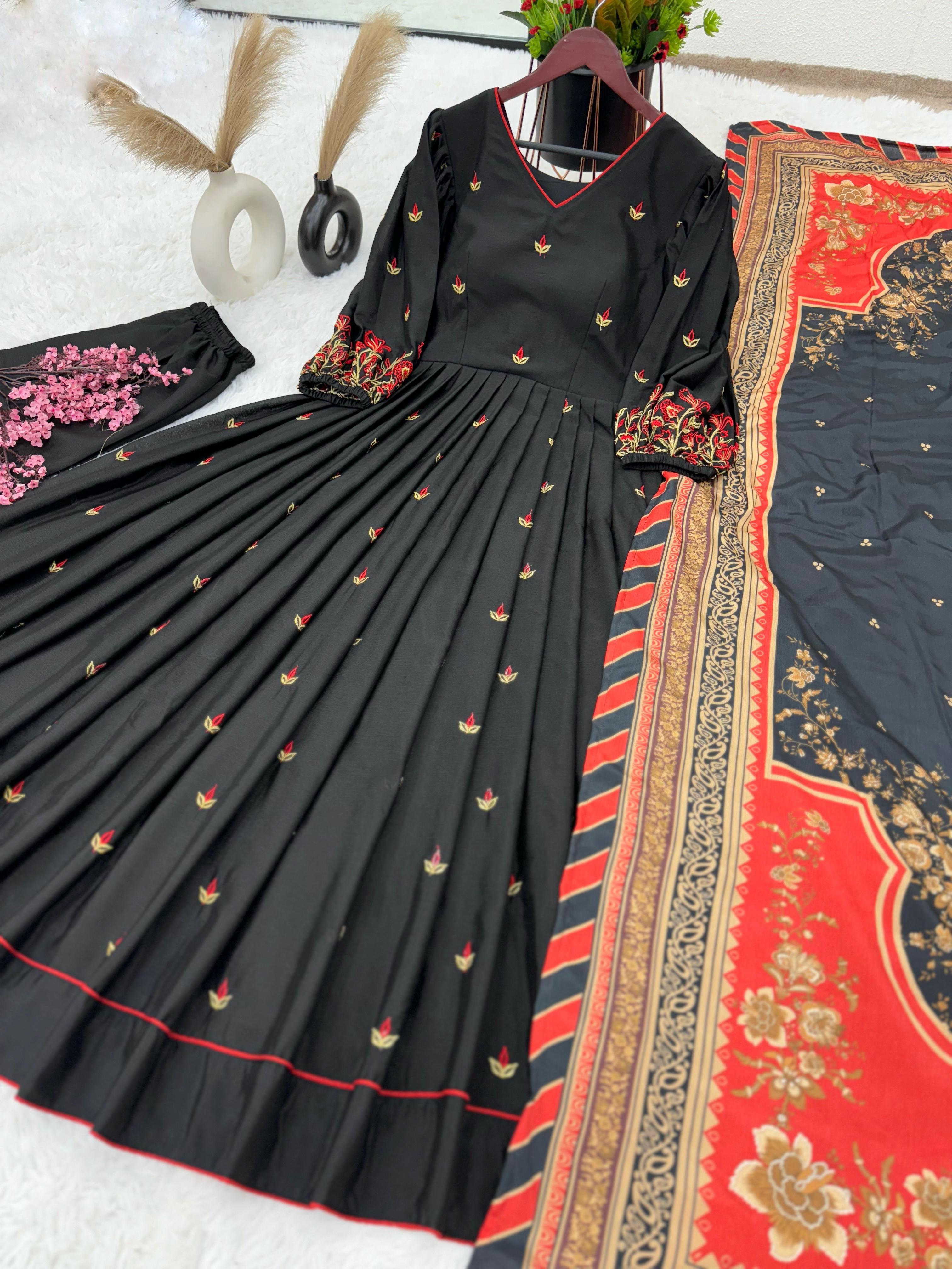 TrendBuy Elegant Black Embroidery Work Anarkali Gown