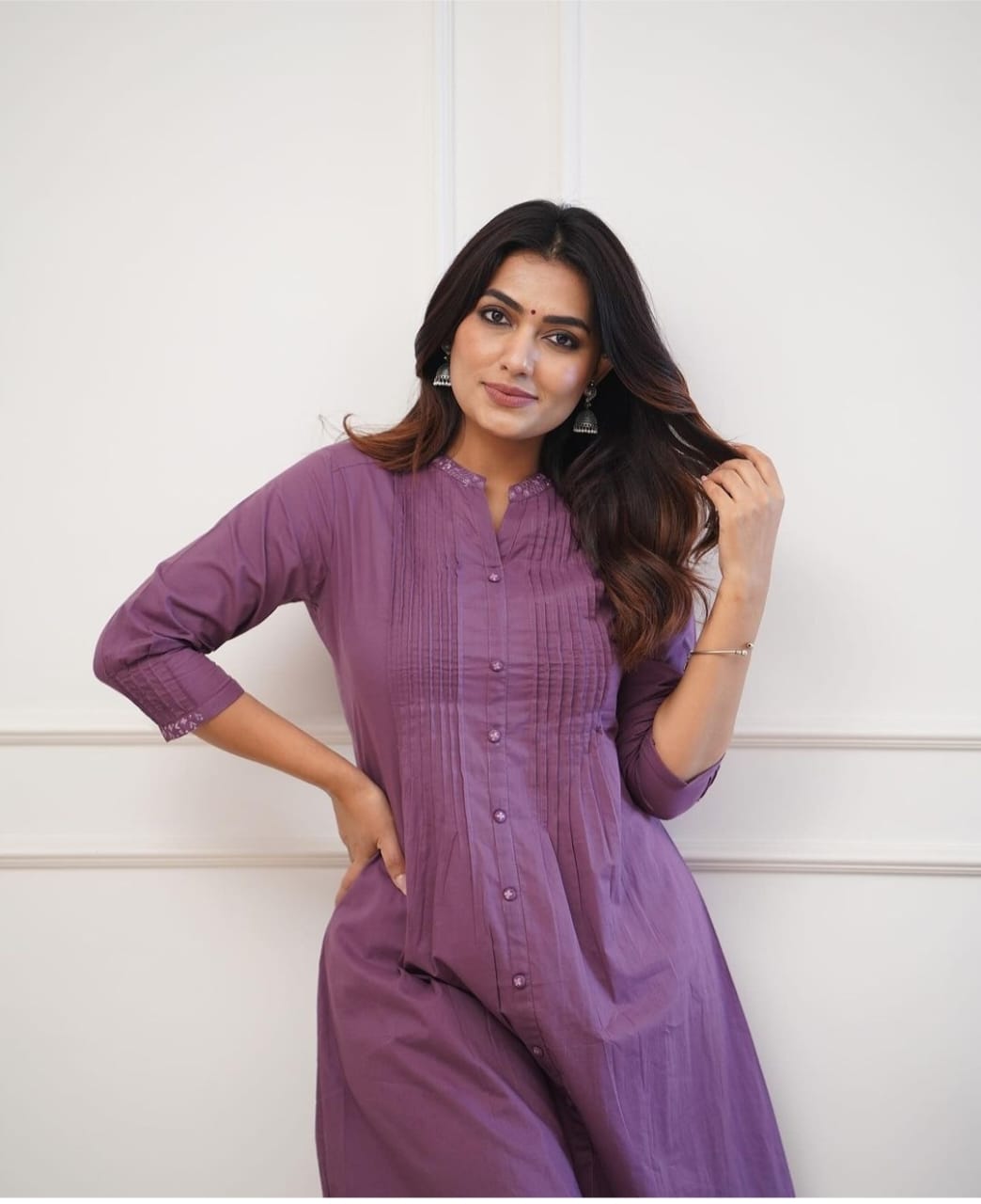 Women Monochrome Cotton Purple Kurta Pant Set - Stylish Ethnic Wear