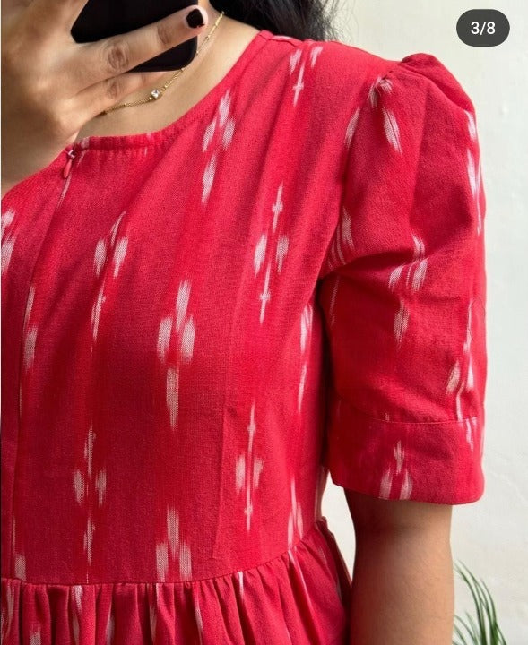 Women Cotton Red Printed Middi Gown – Trendy & Comfortable