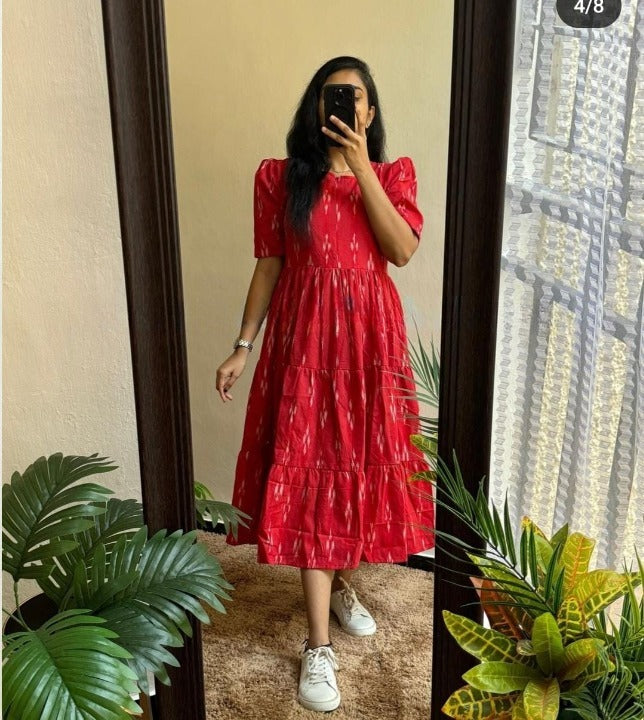 Women Cotton Red Printed Middi Gown – Trendy & Comfortable