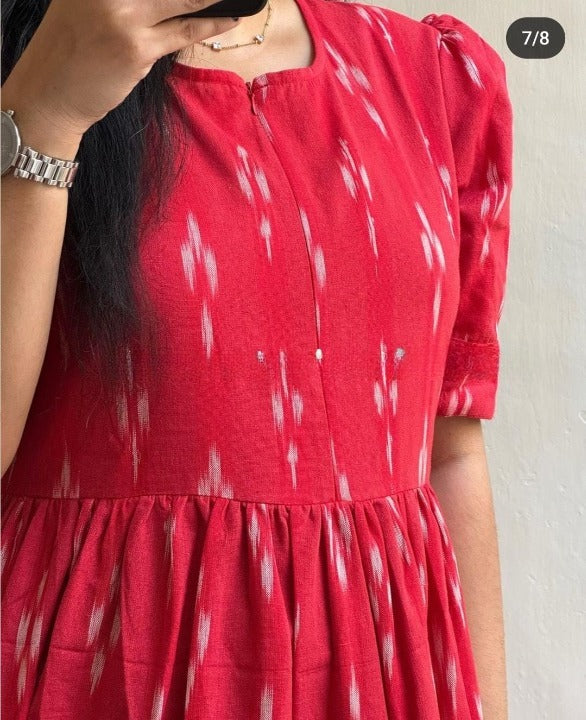 Women Cotton Red Printed Middi Gown – Trendy & Comfortable