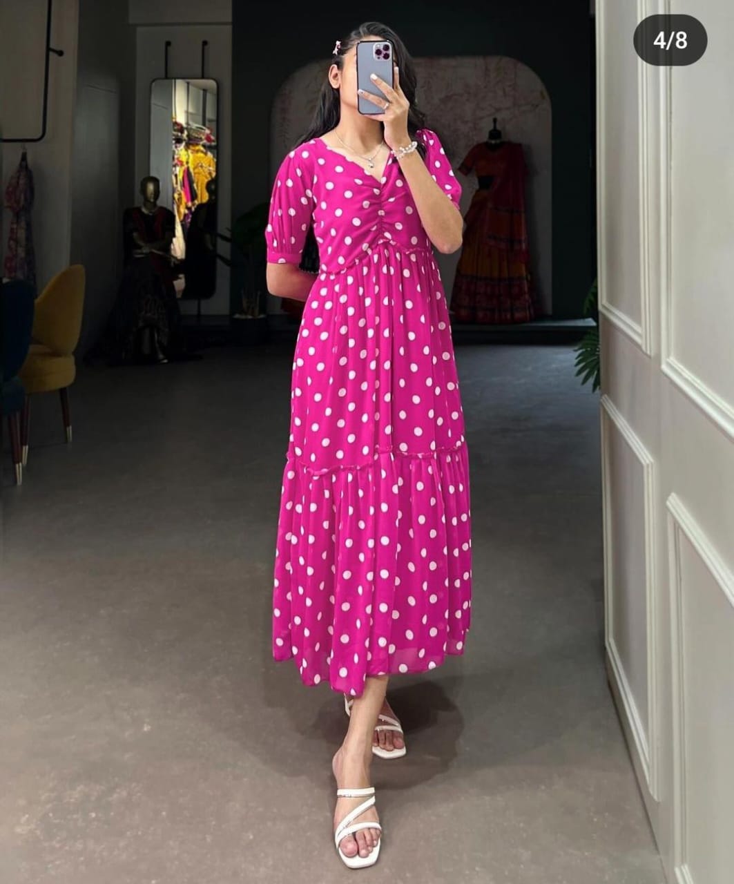 Women Cotton Pink Polka Middi Gown – Stylish & Comfortable