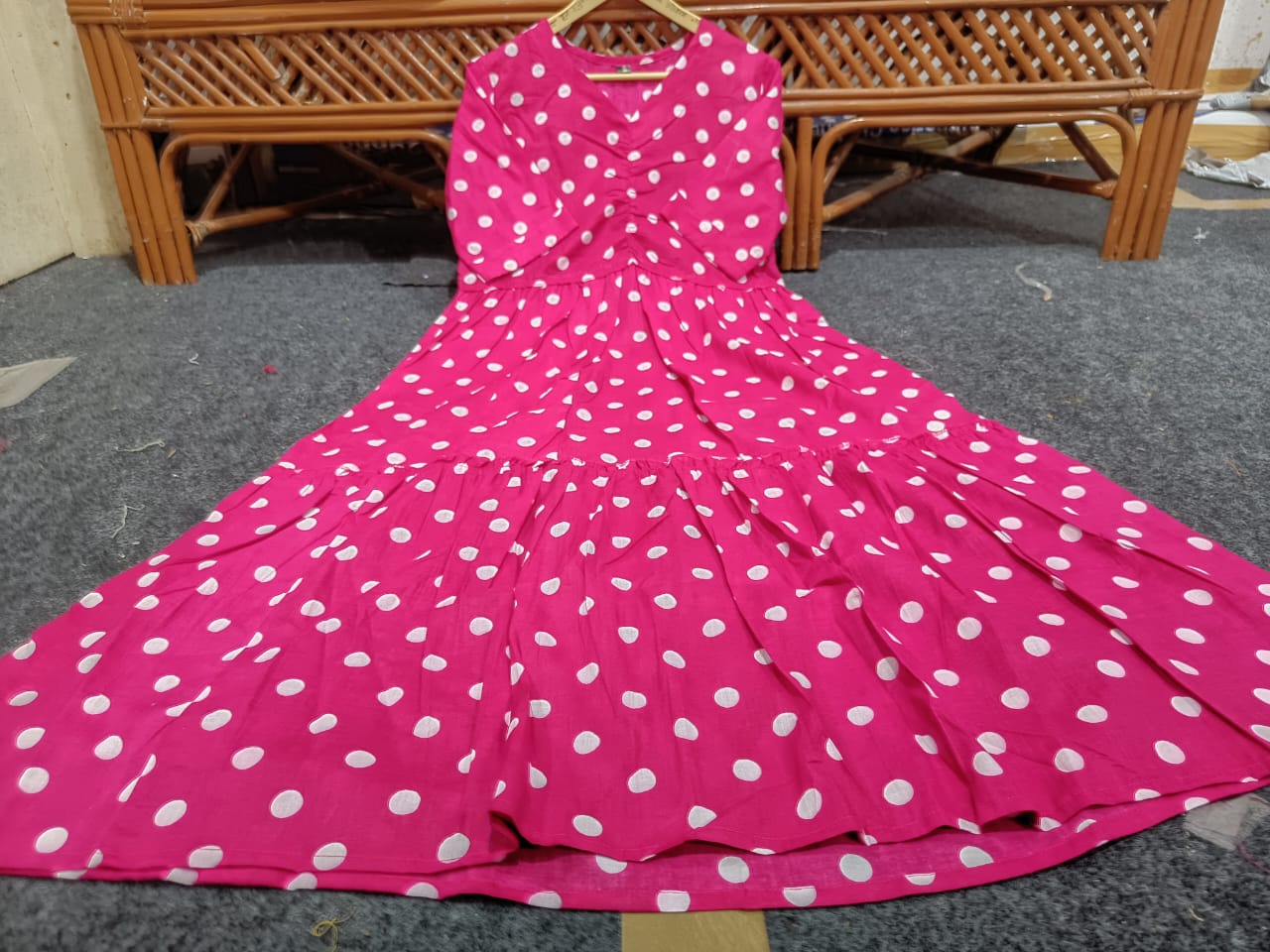 Women Cotton Pink Polka Middi Gown – Stylish & Comfortable