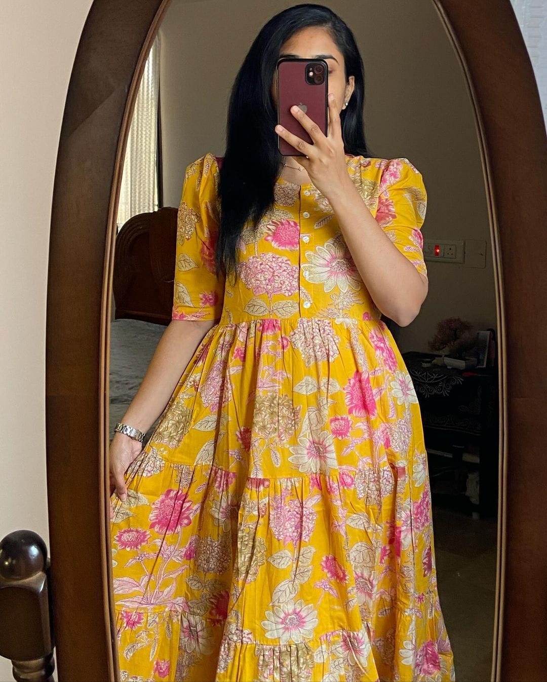 Women Yellow Floral Cotton Middi Gown – Bright & Comfortable