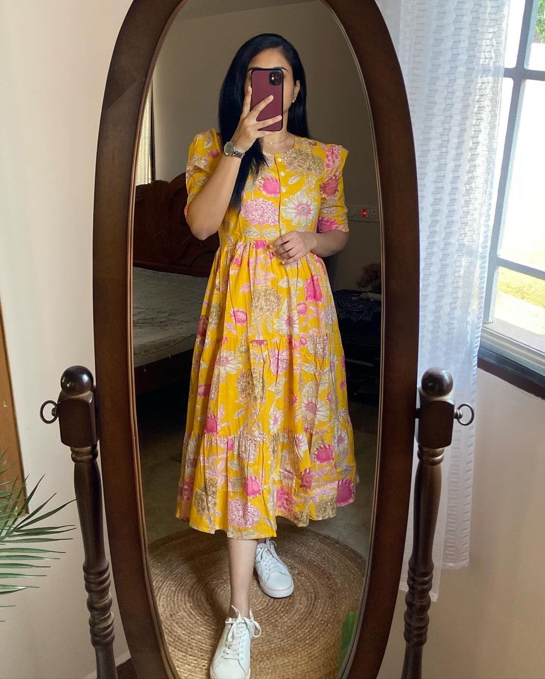 Women Yellow Floral Cotton Middi Gown – Bright & Comfortable