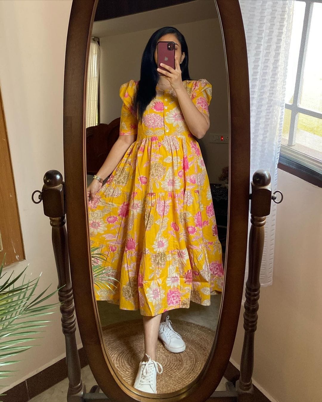 Women Yellow Floral Cotton Middi Gown – Bright & Comfortable