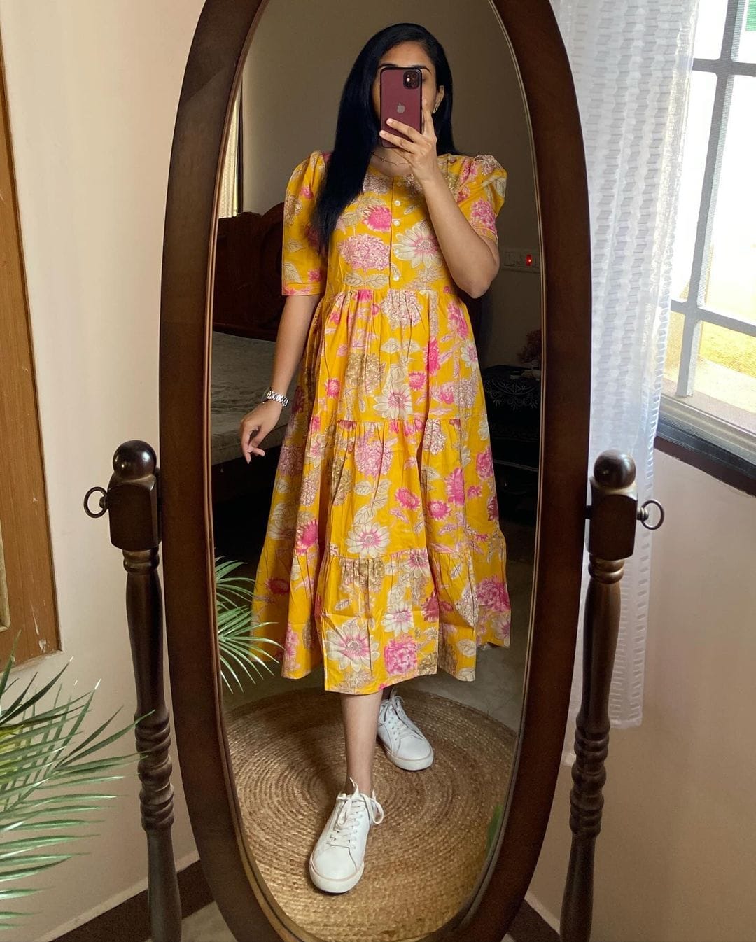 Women Yellow Floral Cotton Middi Gown – Bright & Comfortable