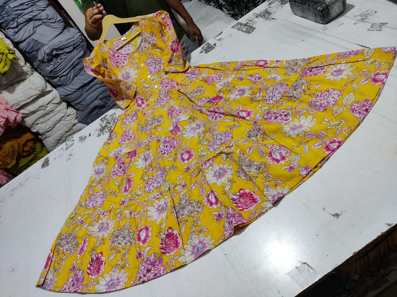 Women Yellow Floral Cotton Middi Gown – Bright & Comfortable