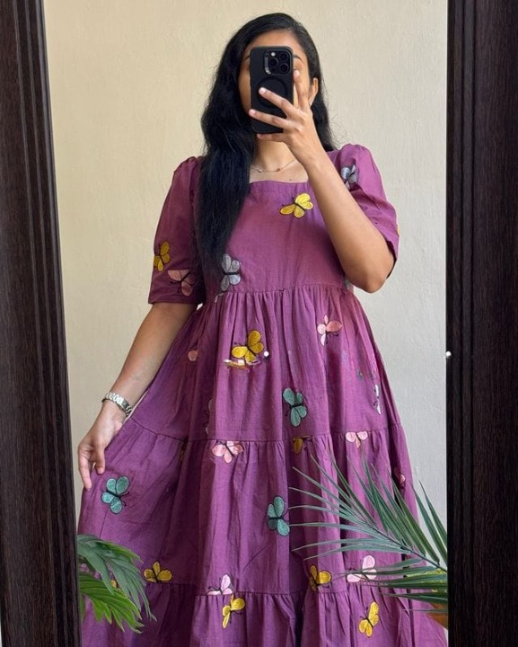 Women Cotton Embroidery Purple Middi Gown – Elegant & Stylish Dress