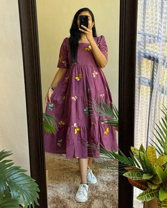 Women Cotton Embroidery Purple Middi Gown – Elegant & Stylish Dress