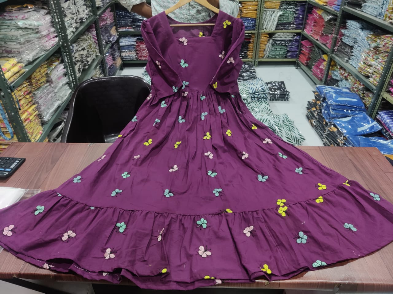 Women Cotton Embroidery Purple Middi Gown – Elegant & Stylish Dress