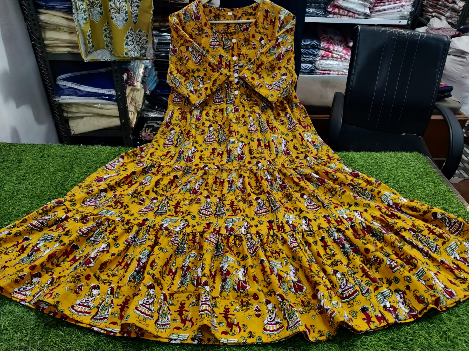 Women Cotton Mustard Middi Gown - Stylish Printed Dress