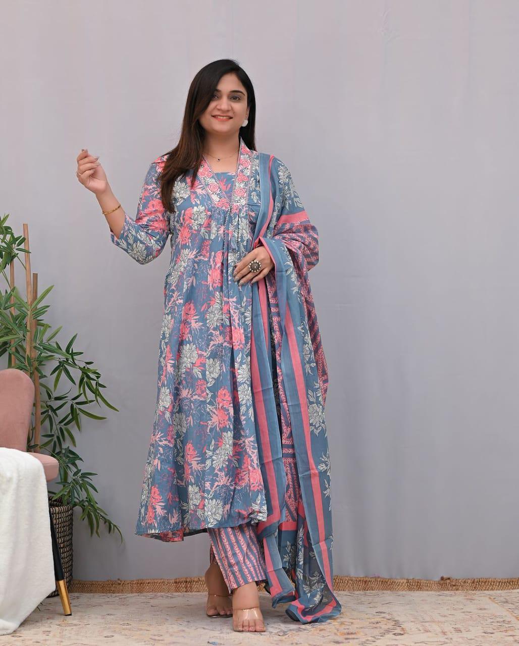 TrendBuy Floral Embroidered Cotton A-Line Kurta Pant Set with Dupatta