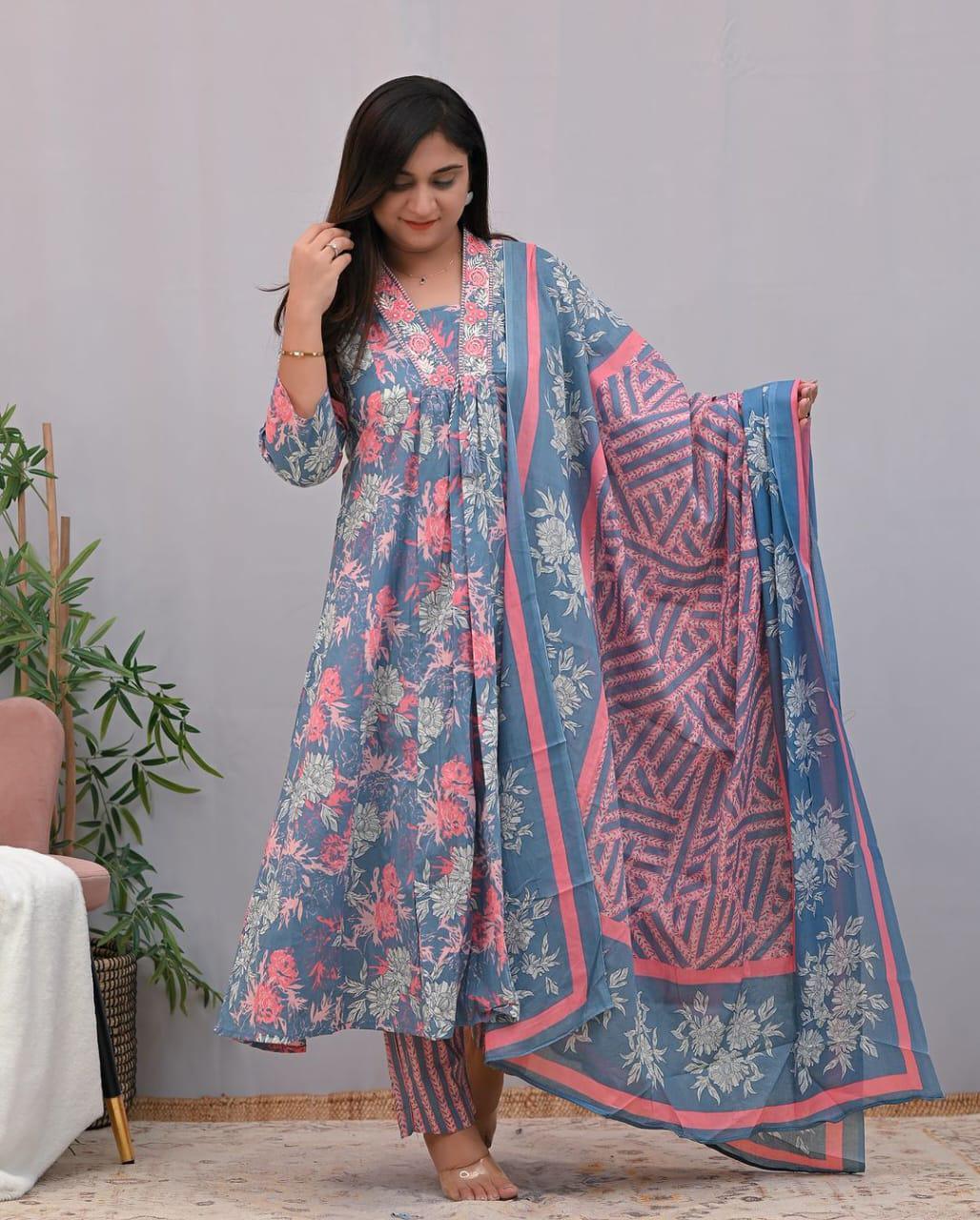 TrendBuy Floral Embroidered Cotton A-Line Kurta Pant Set with Dupatta