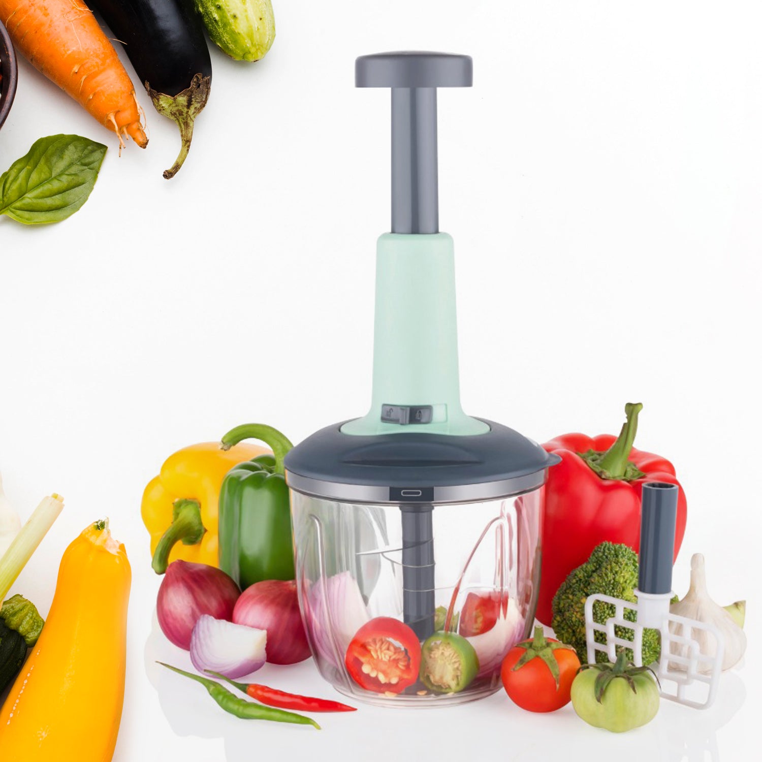 5368 1100 Ml 2 In 1 Push Up Chopper With Blender Affixed With 6 Sharp Blade  Vegetable And Fruit Cutter With Easy Push And Chop Button