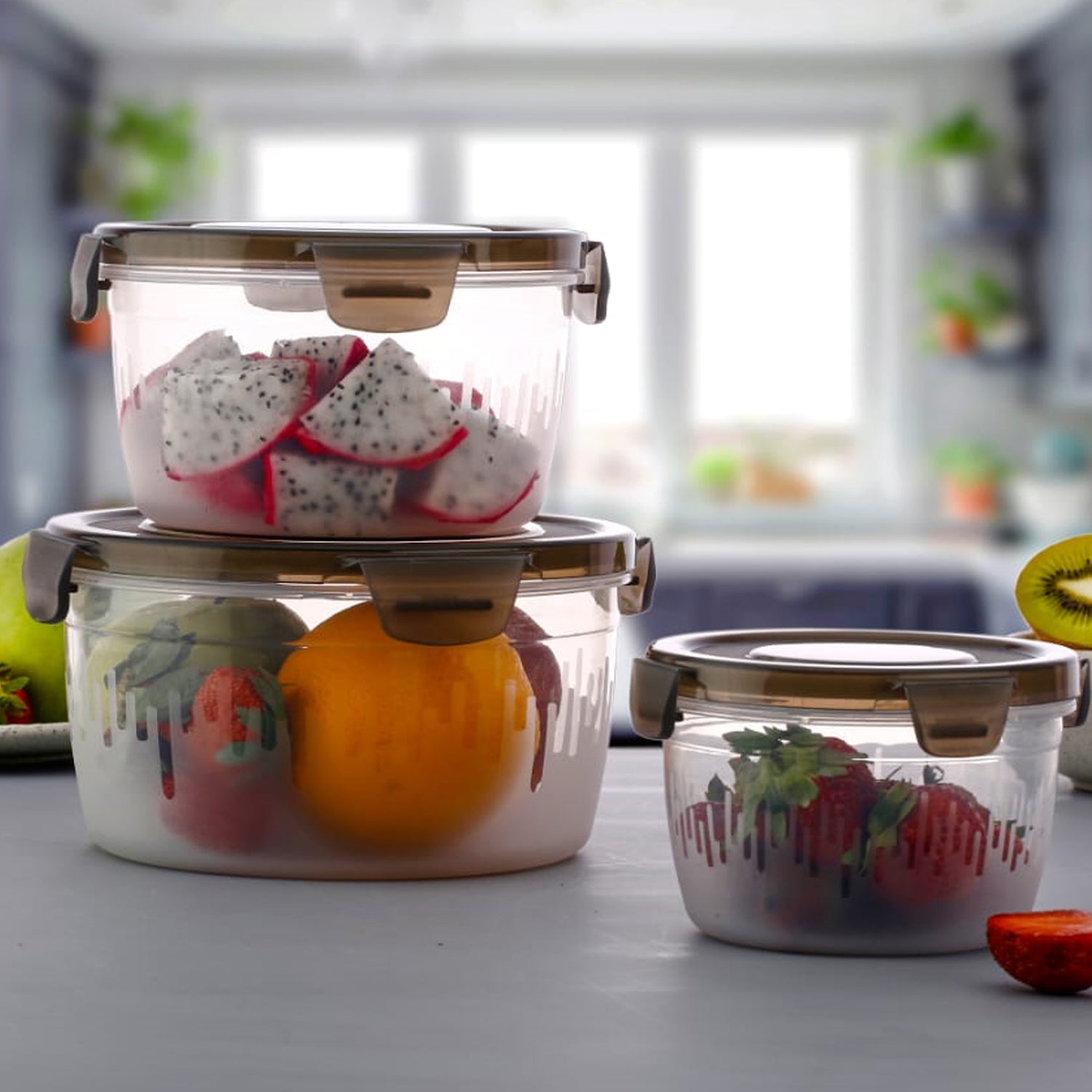 5628 Plastic Food Storage Container With Air Tight Lid Kitchen Food Container Meat Box Fridge And Freezer Storage Boxes Bowl 1800ml 1200ml 600ml Approx (3 Pcs Set)