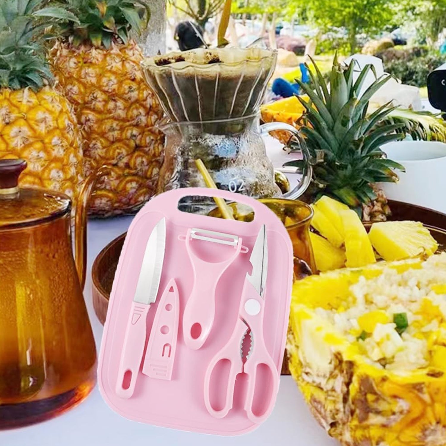 5490 Mini Travel Cutting Board Set 4 Pcs Portable Mini Camping Plastic Cutting Board Knife Fruits Vegetable Peeler Scissors Kitchen Knives Set For Travel Picnic Camping Outdoor Park (4 Pc Set)