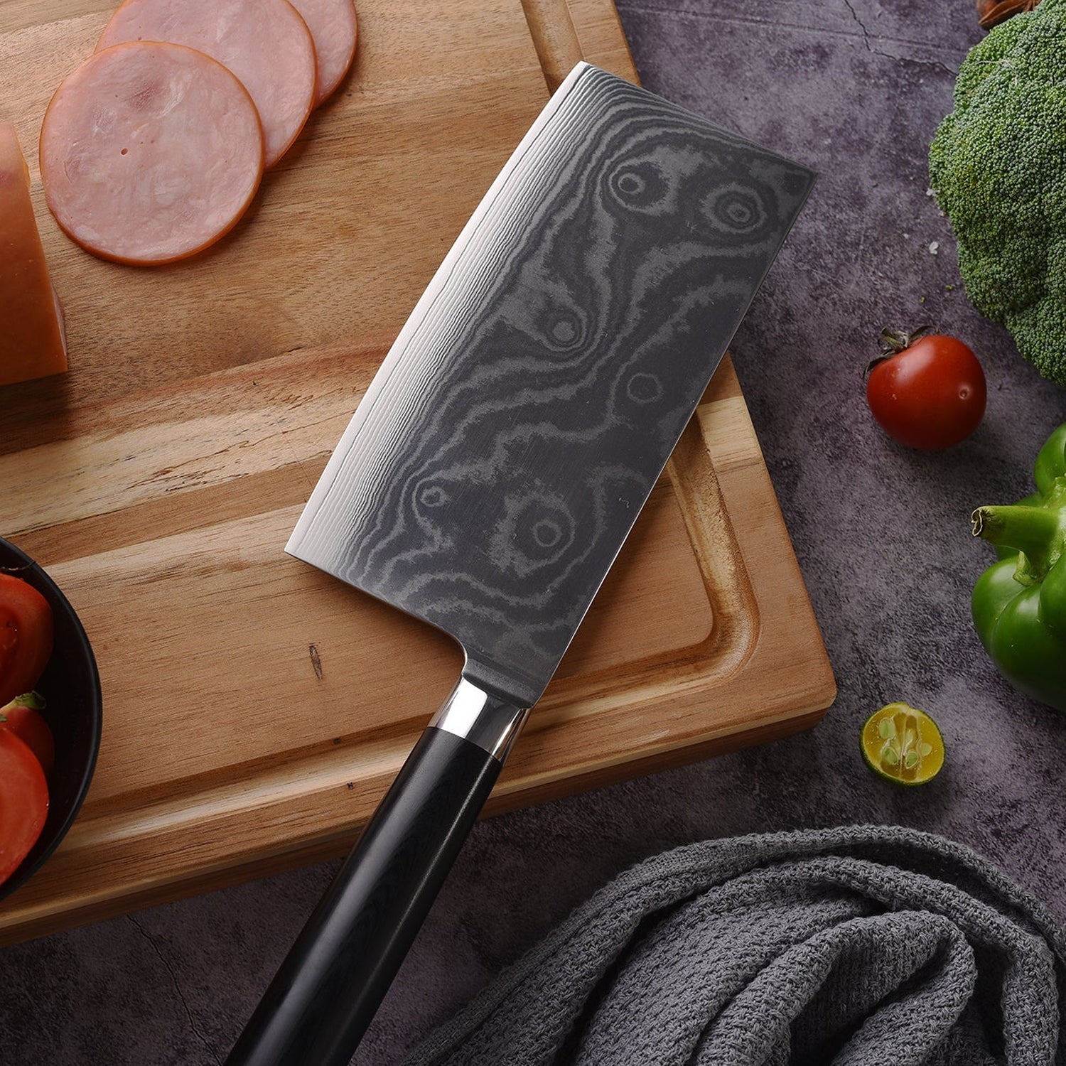 5735 Stainless Steel Chef Damascus Cleaver Vegetable Knife With Plastic Handle Cover Multipurpose Use For Kitchen Or Restaurant (12 Inch)