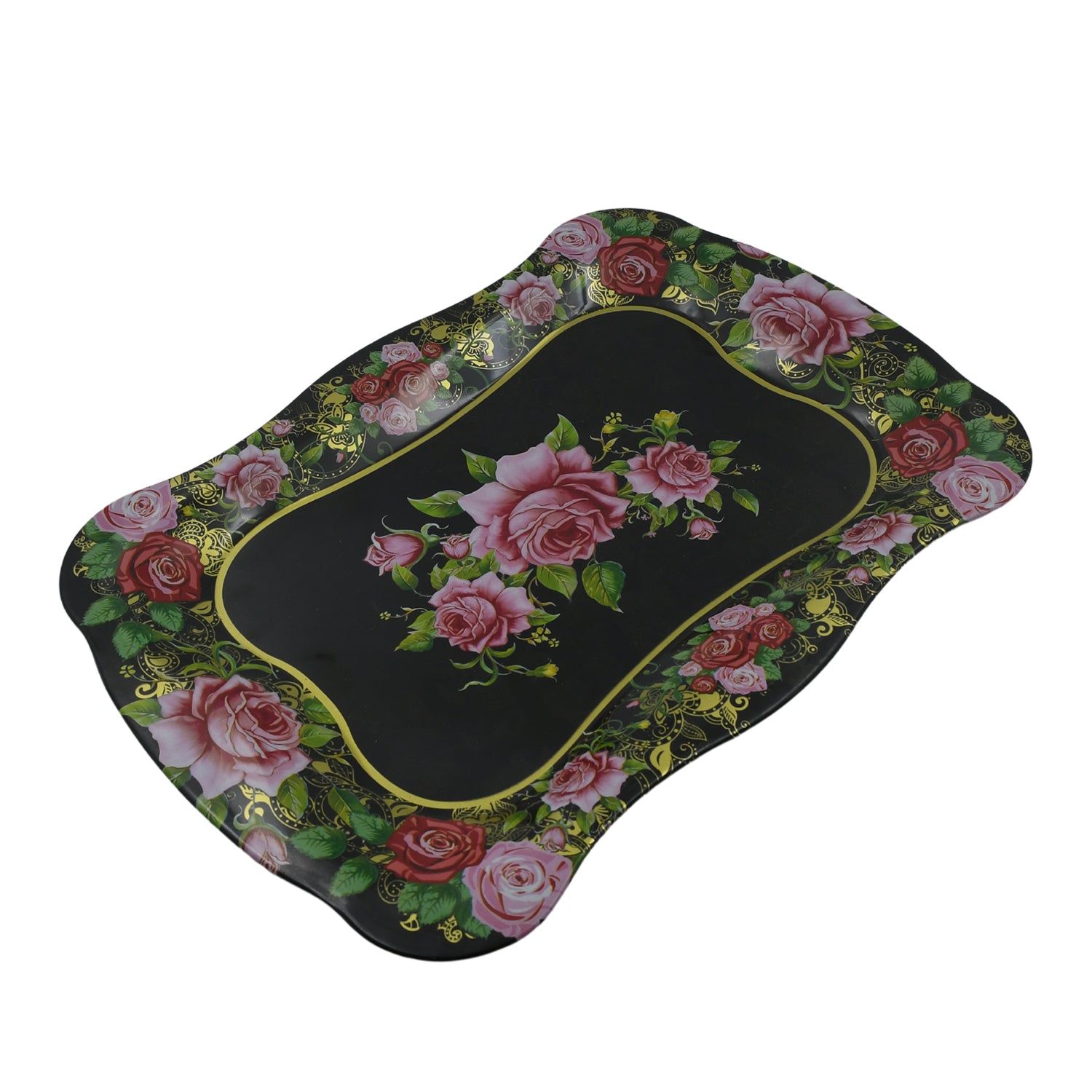 5537 Stainless Steel Serving Tray With Flower Printed Rectangle Premium Dining Table Plate (18 X 8.5 Inch  1 Pc)