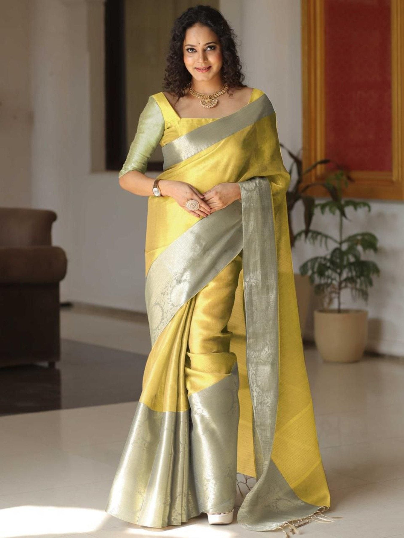 Elegant Tissue Silk Saree with Jacquard Border and Rainbow Shine