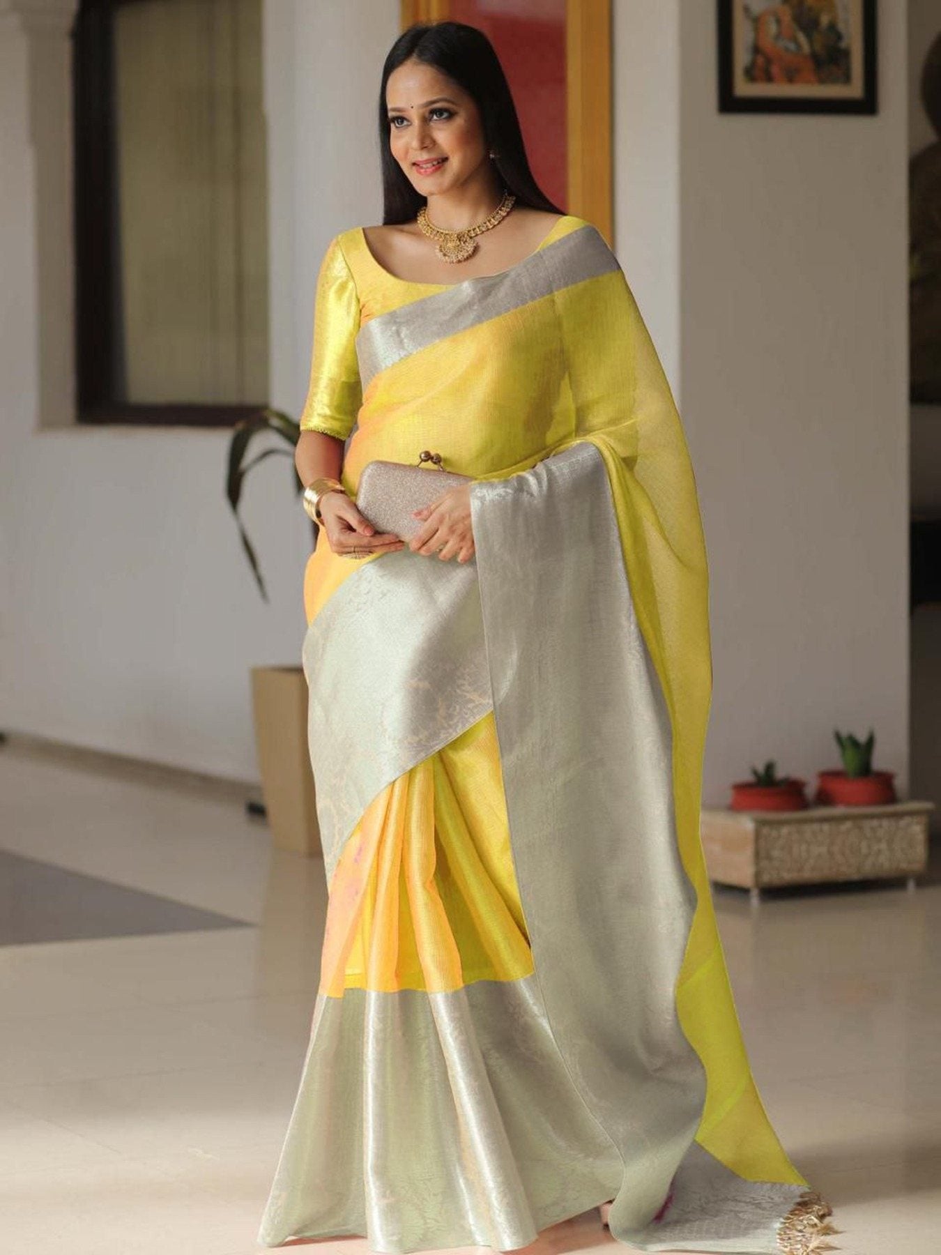 Elegant Tissue Silk Saree with Jacquard Border and Rainbow Shine