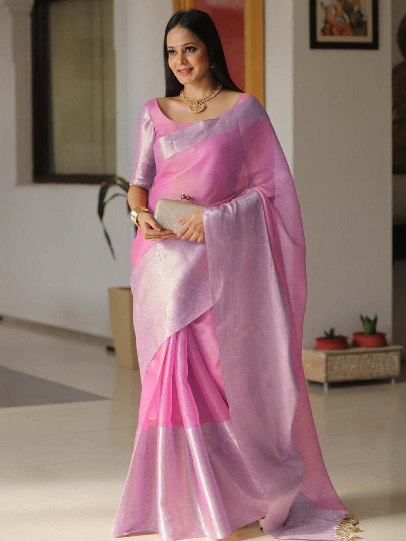 Elegant Tissue Silk Saree with Jacquard Border and Rainbow Shine