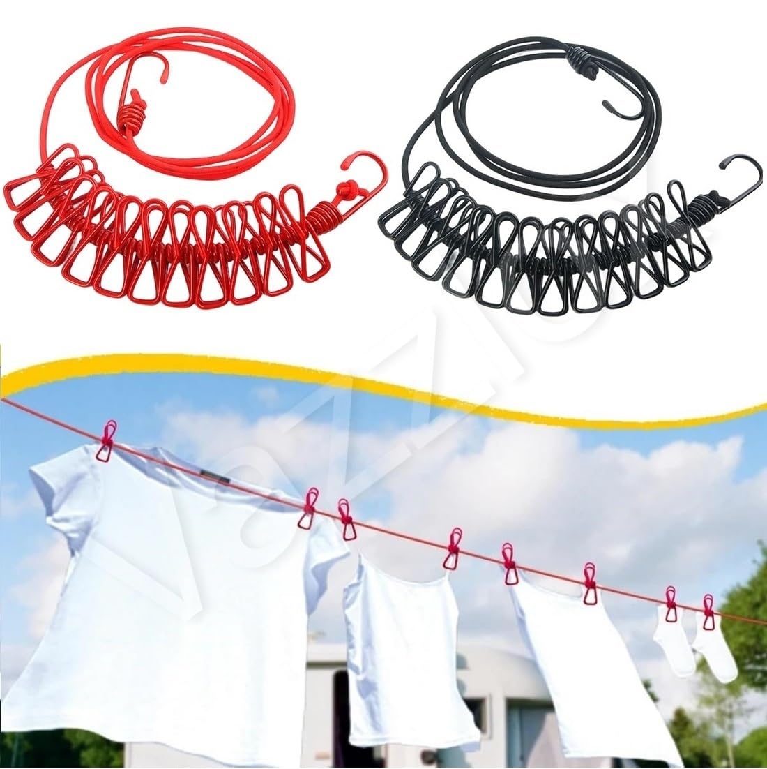 Portable Multi Functional Drying Rope with 12 Clips and 2 Hooks/ (Pack of 2) Assorted