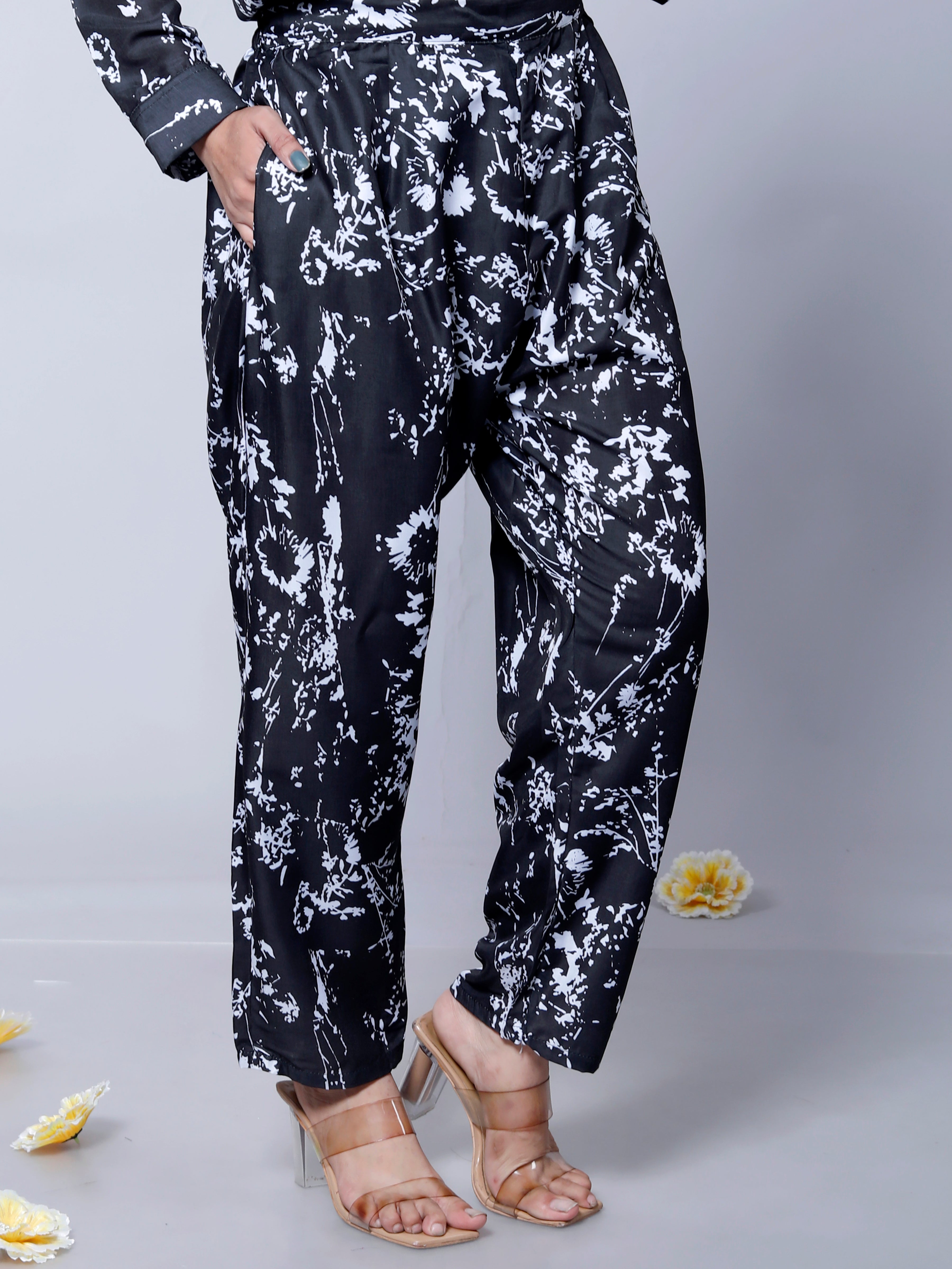 Black Floral Printed Party Wear Co-Ord Set D6020 – Muslin Cotton Outfit