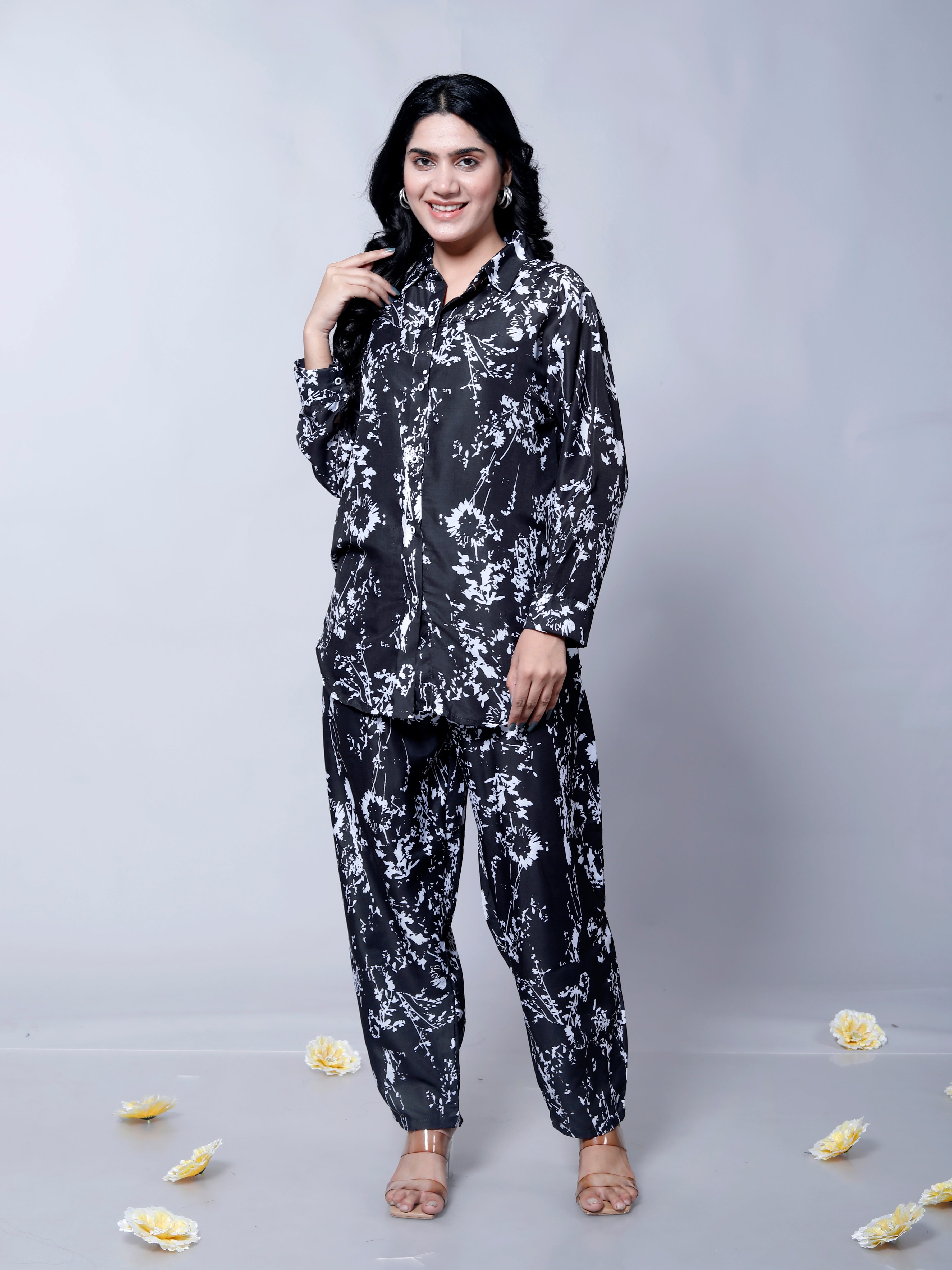 Black Floral Printed Party Wear Co-Ord Set D6020 – Muslin Cotton Outfit