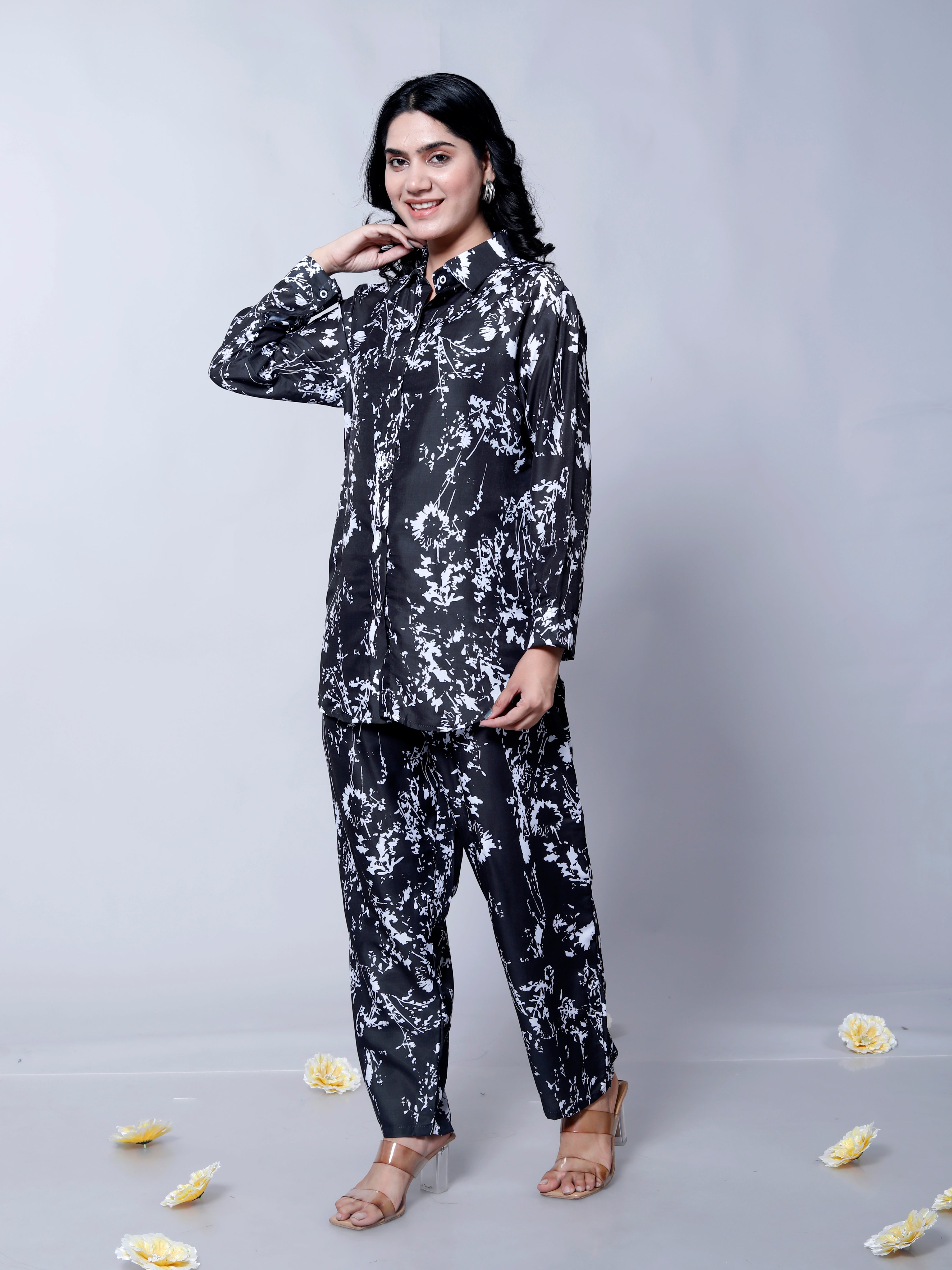 Black Floral Printed Party Wear Co-Ord Set D6020 – Muslin Cotton Outfit