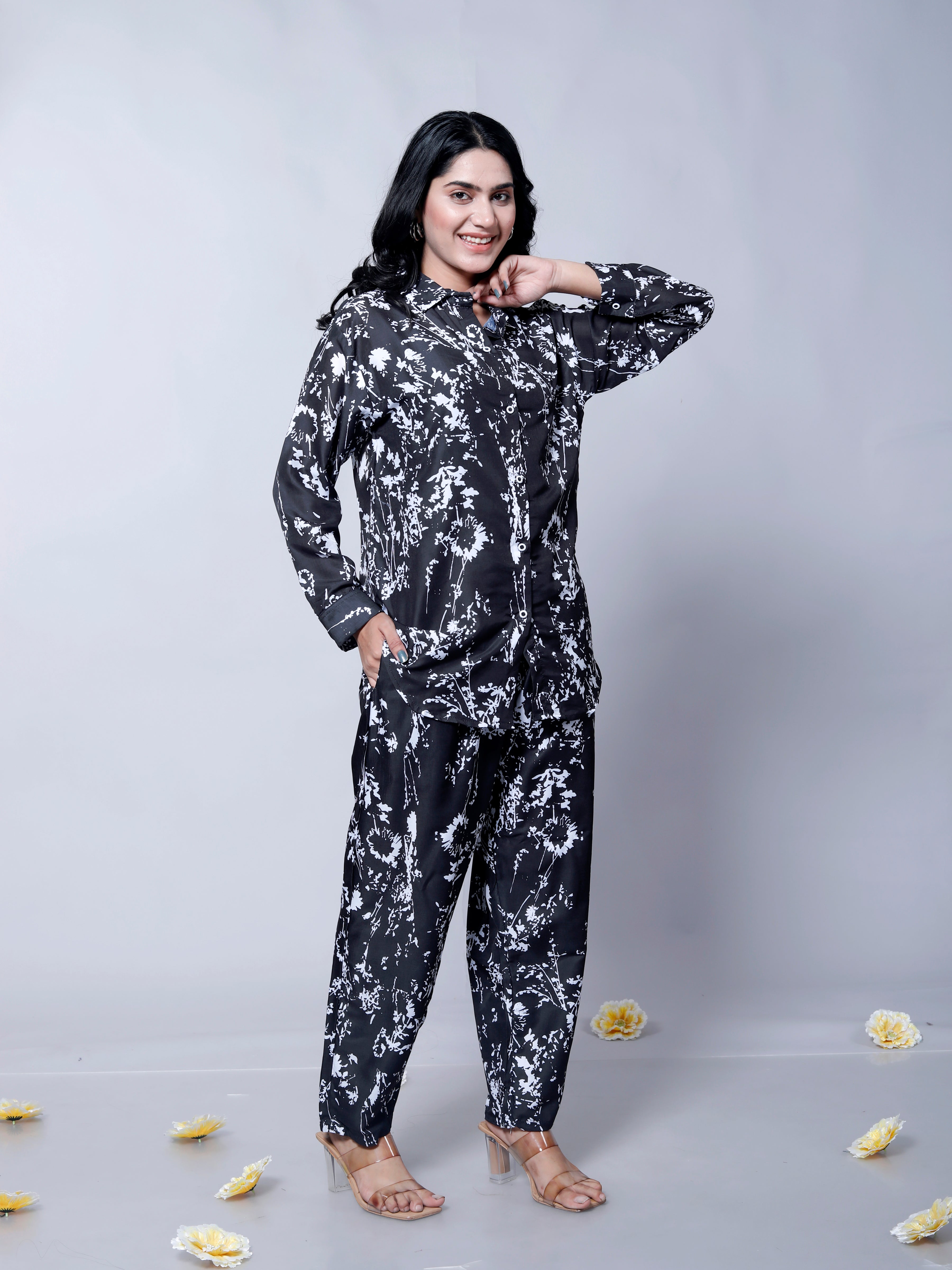 Black Floral Printed Party Wear Co-Ord Set D6020 – Muslin Cotton Outfit