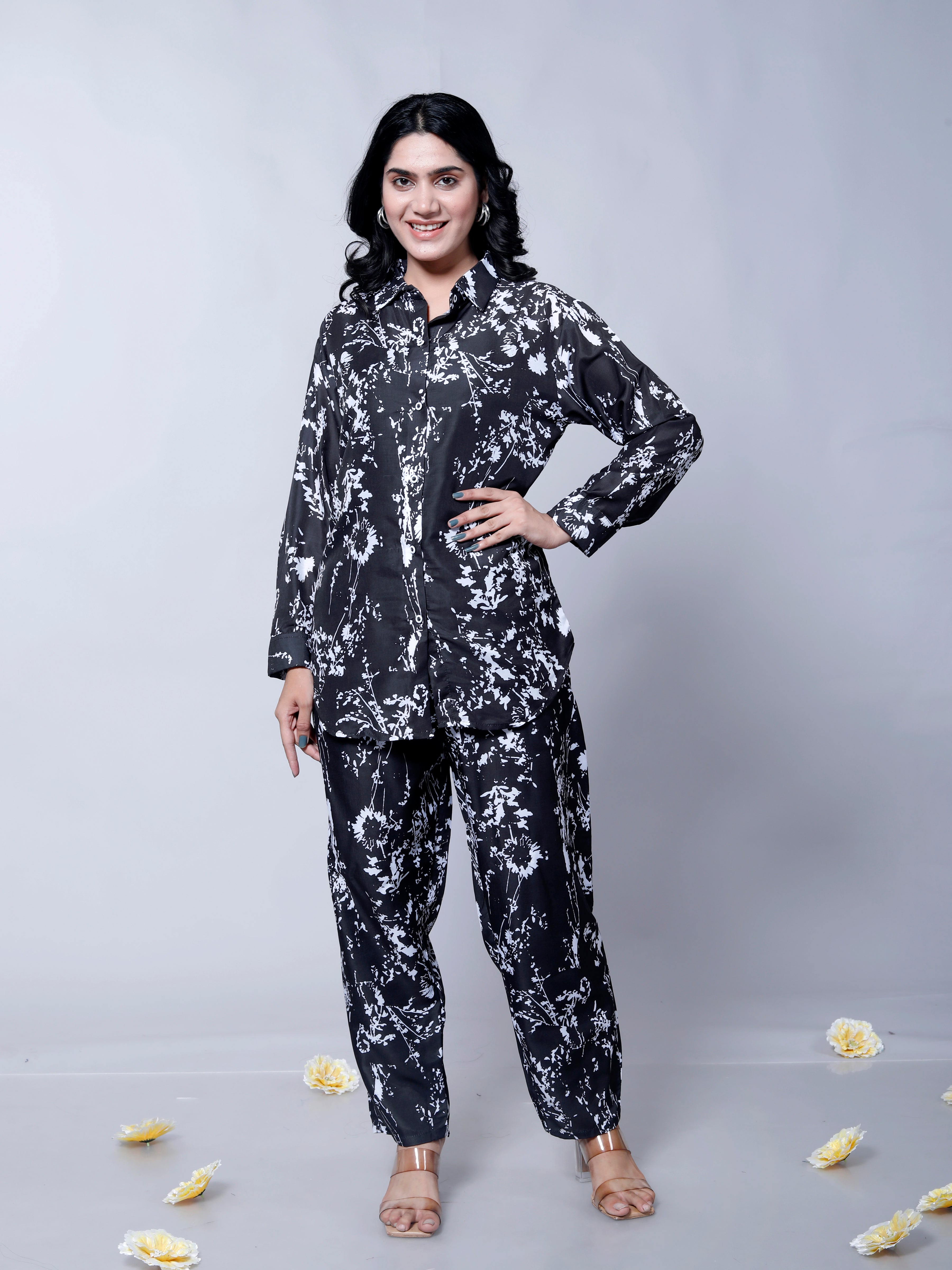 Black Floral Printed Party Wear Co-Ord Set D6020 – Muslin Cotton Outfit